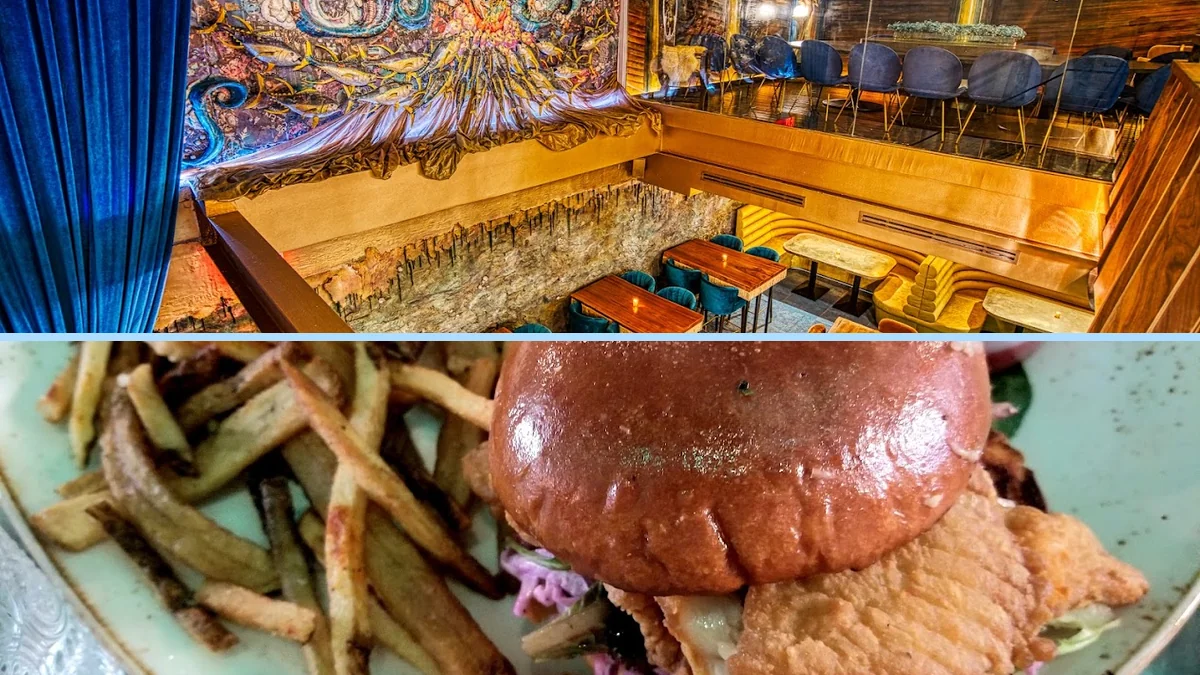 Tables set for dine-in beside coastal-inspired details.