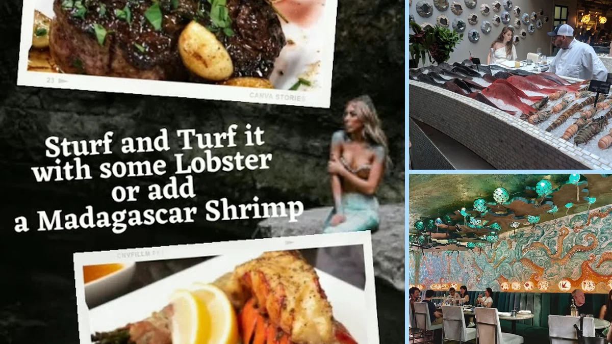 Seafood dishes on ice with nautical decor behind them.