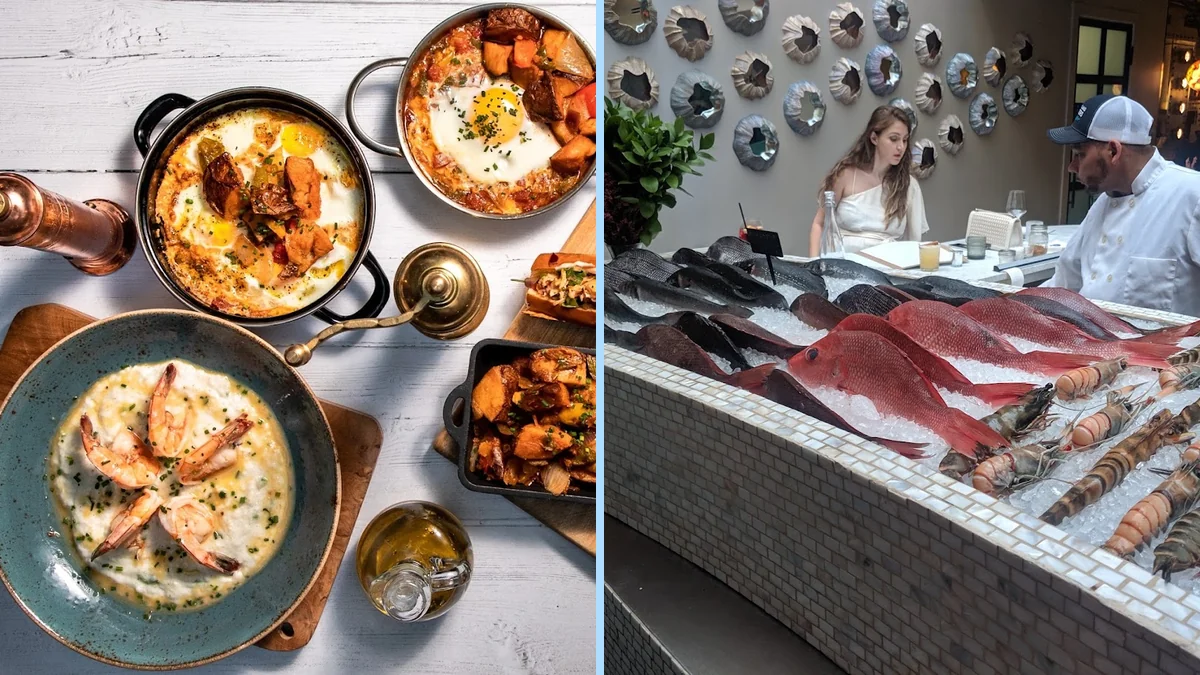 Tables set for dine-in beside coastal-inspired details.