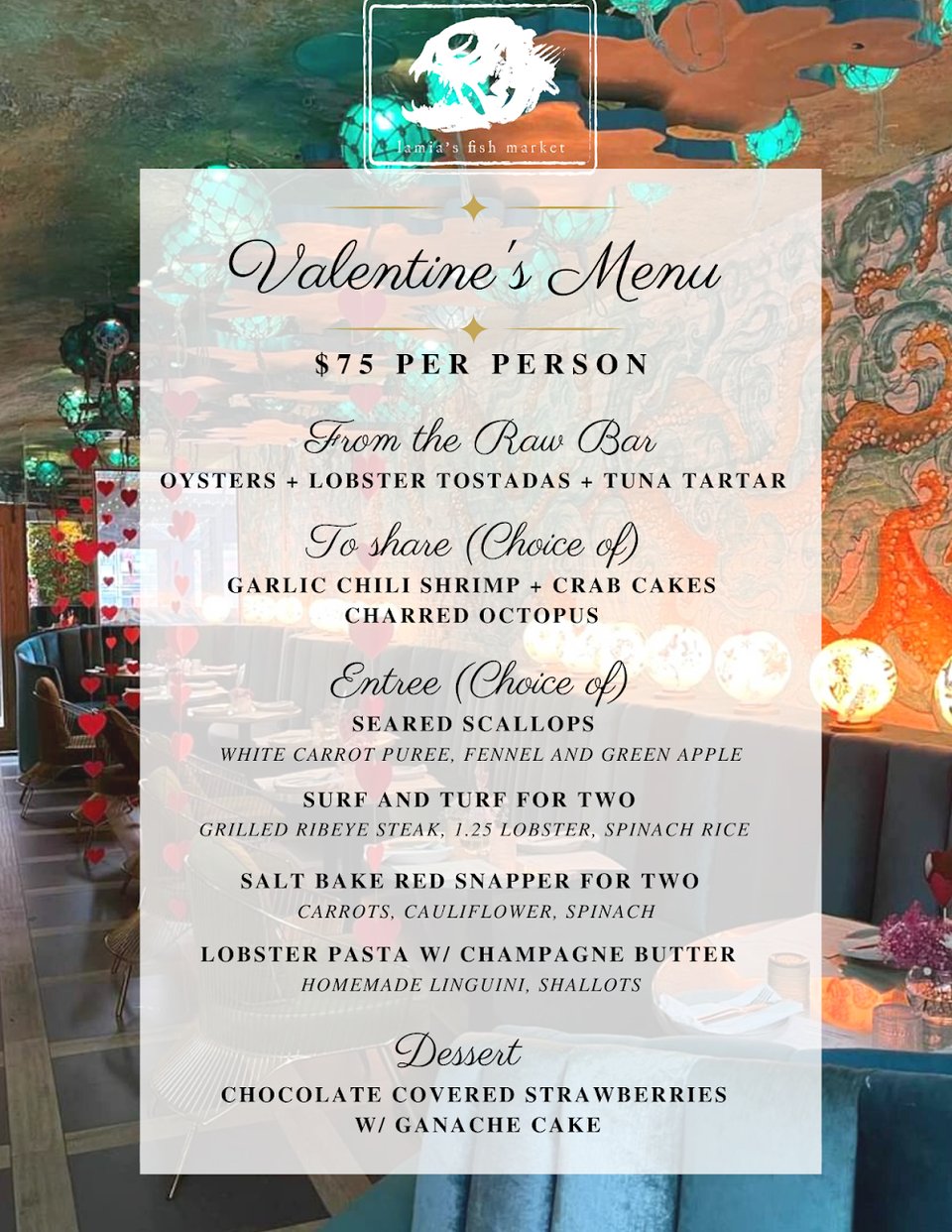 Dinner menu with raw dishes and grilled seafood options.